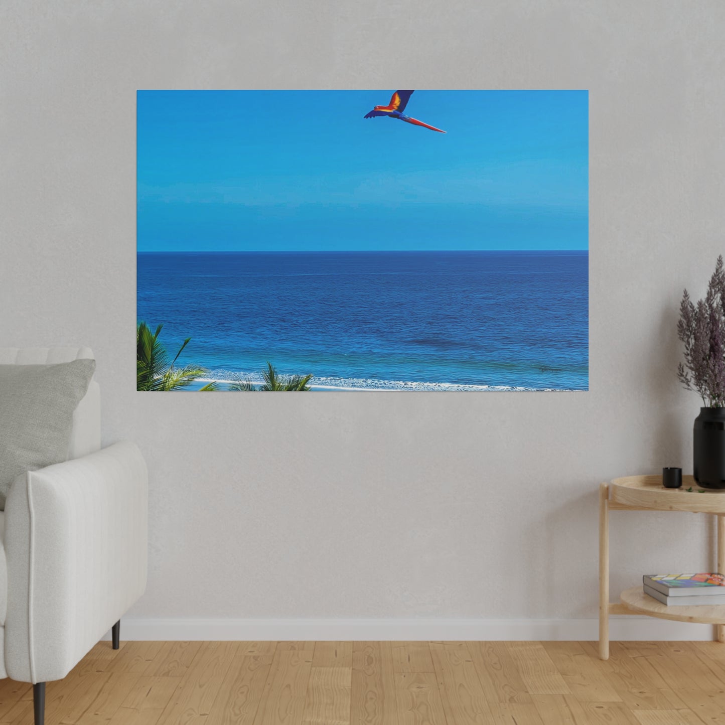 "Paradise Unveiled: Whispers of the Tropics and the Enchanting Dance of Lapas Macaws"- Canvas