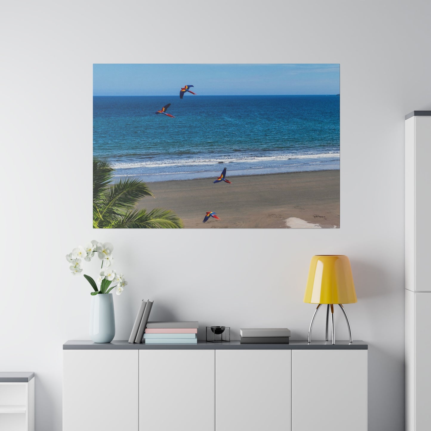 "Tropical Swoop: Lively Lapas & Majestic Macaws in Flight"- Canvas