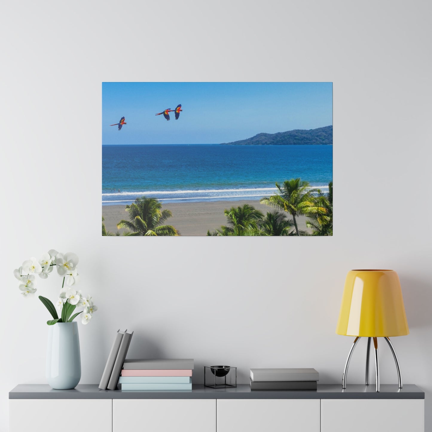 "Whispers of Wings: Lapas Soaring in the Tropical Sunrise - The Vibrant Dance of Macaws"- Canvas