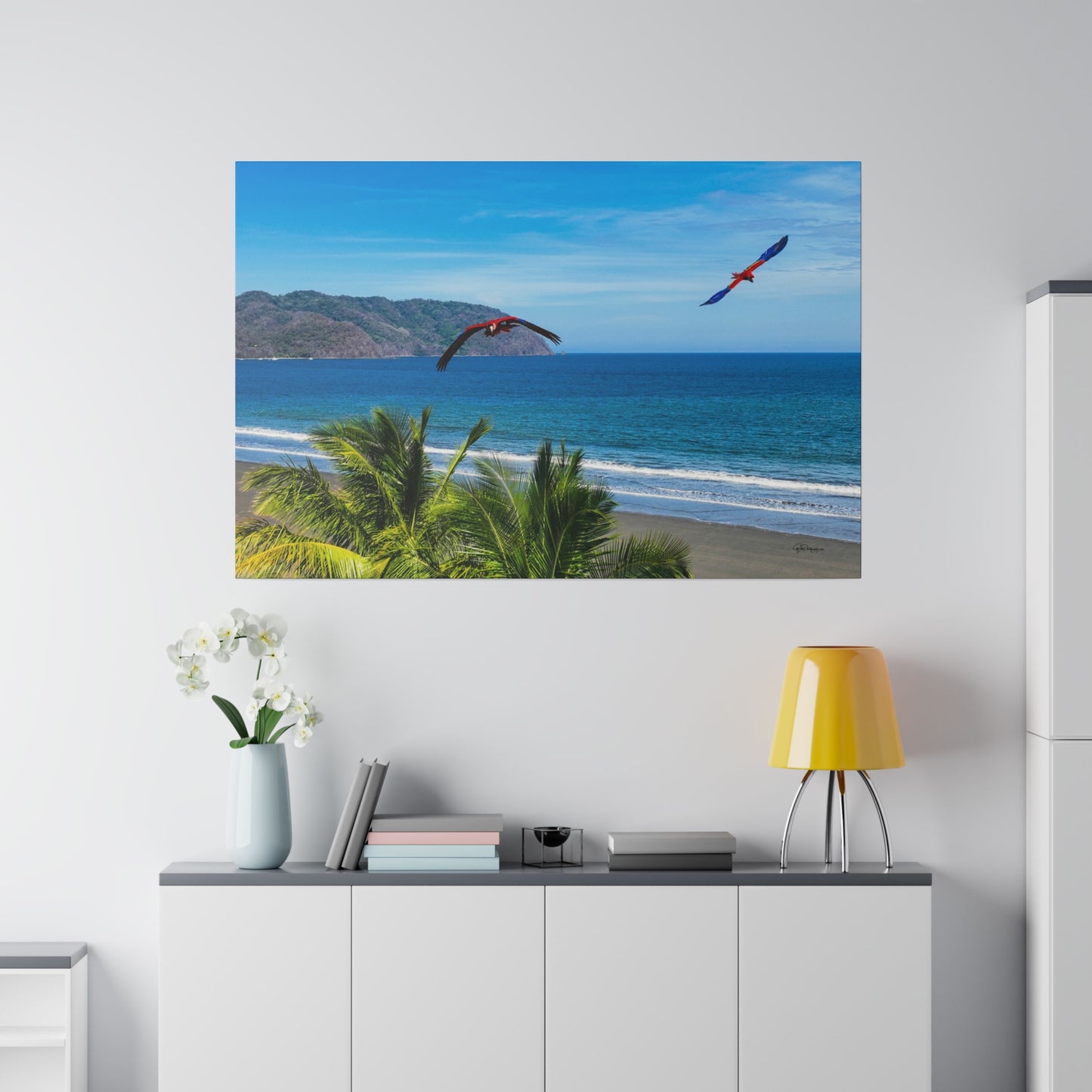 "Tropical Brilliance: Volando con las Guacamayas - Journey with the Flying Macaws"- Canvas