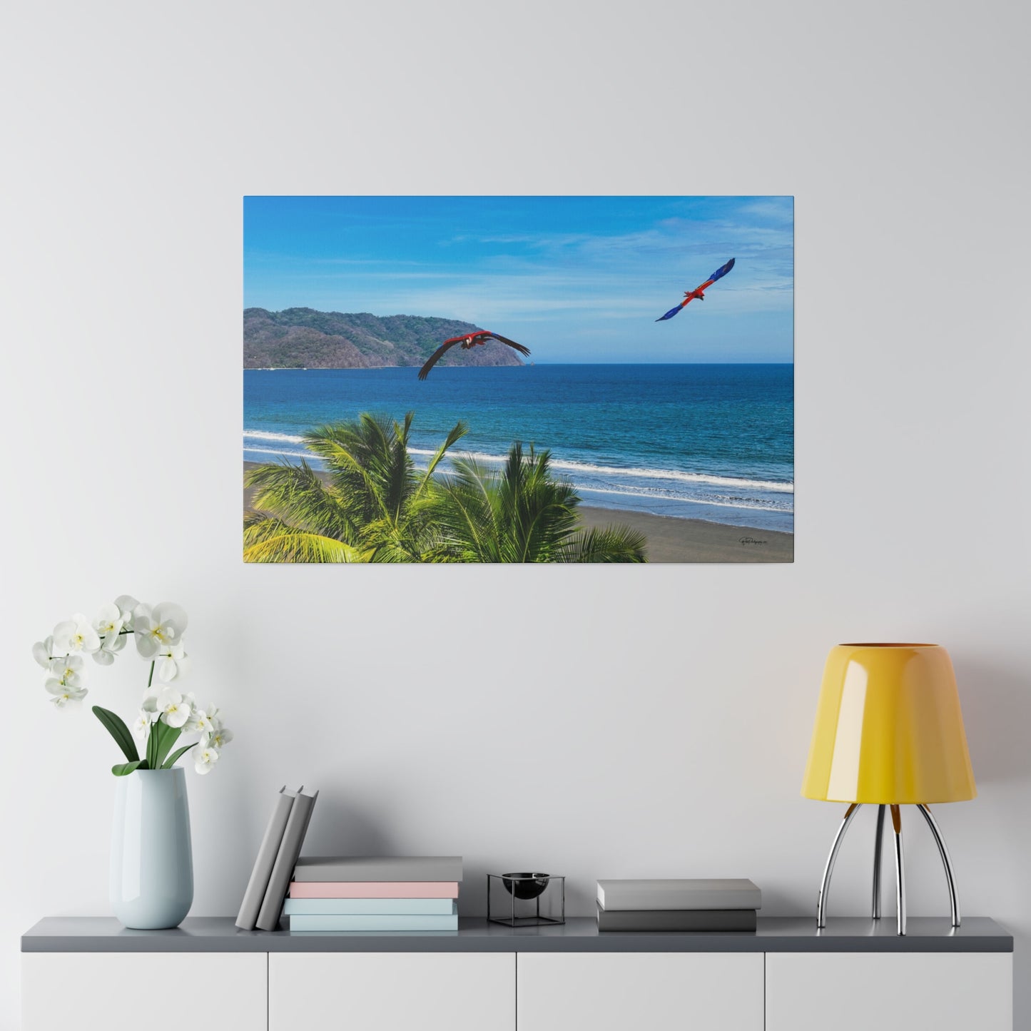 "Tropical Brilliance: Volando con las Guacamayas - Journey with the Flying Macaws"- Canvas