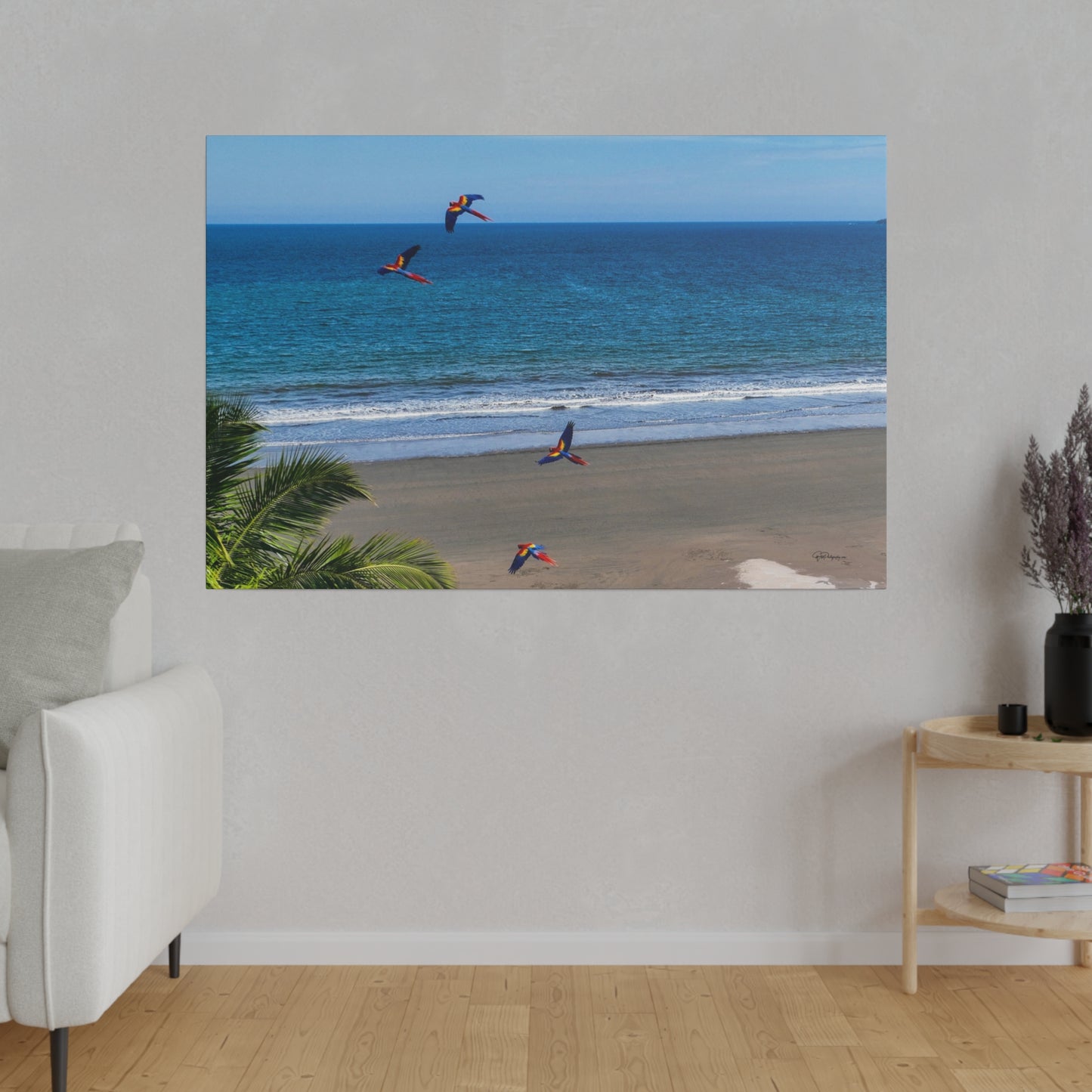 "Tropical Swoop: Lively Lapas & Majestic Macaws in Flight"- Canvas