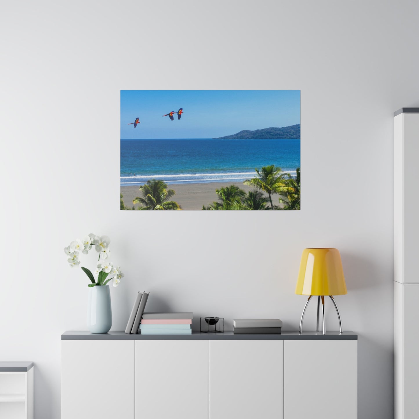 "Whispers of Wings: Lapas Soaring in the Tropical Sunrise - The Vibrant Dance of Macaws"- Canvas