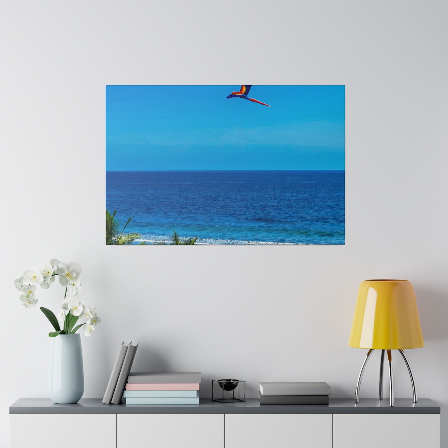 "Paradise Unveiled: Whispers of the Tropics and the Enchanting Dance of Lapas Macaws"- Canvas
