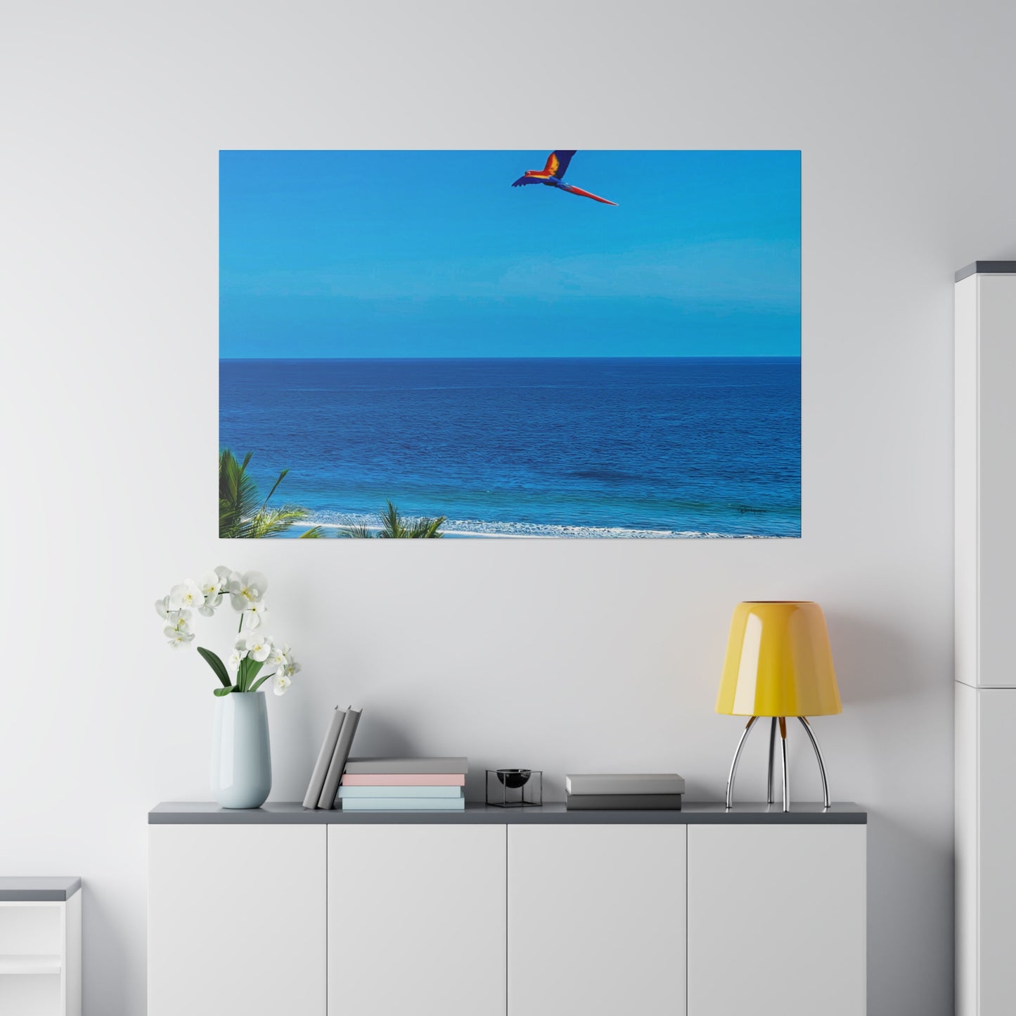 "Paradise Unveiled: Whispers of the Tropics and the Enchanting Dance of Lapas Macaws"- Canvas