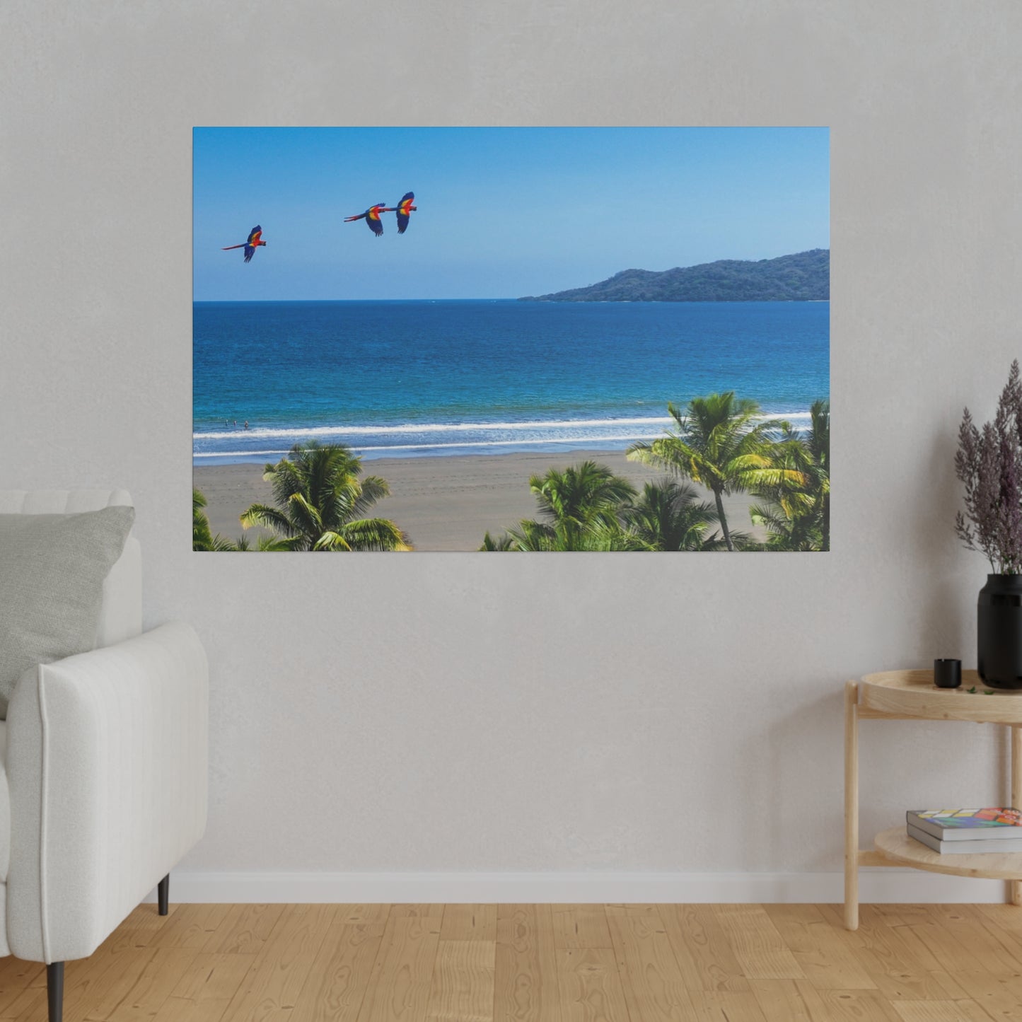 "Whispers of Wings: Lapas Soaring in the Tropical Sunrise - The Vibrant Dance of Macaws"- Canvas
