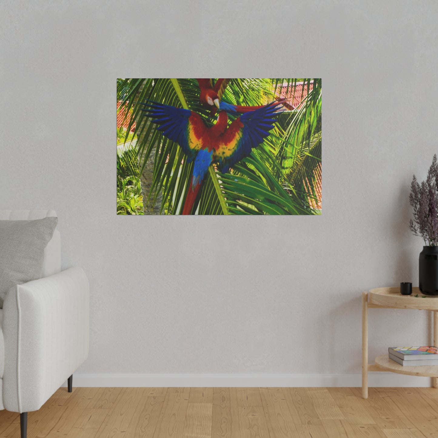 "Paradise in Flight: The Enchanting Journey of Tropical Lapas & Macaws"- Canvas