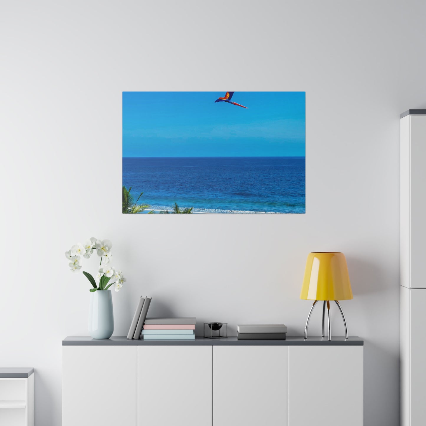 "Paradise Unveiled: Whispers of the Tropics and the Enchanting Dance of Lapas Macaws"- Canvas