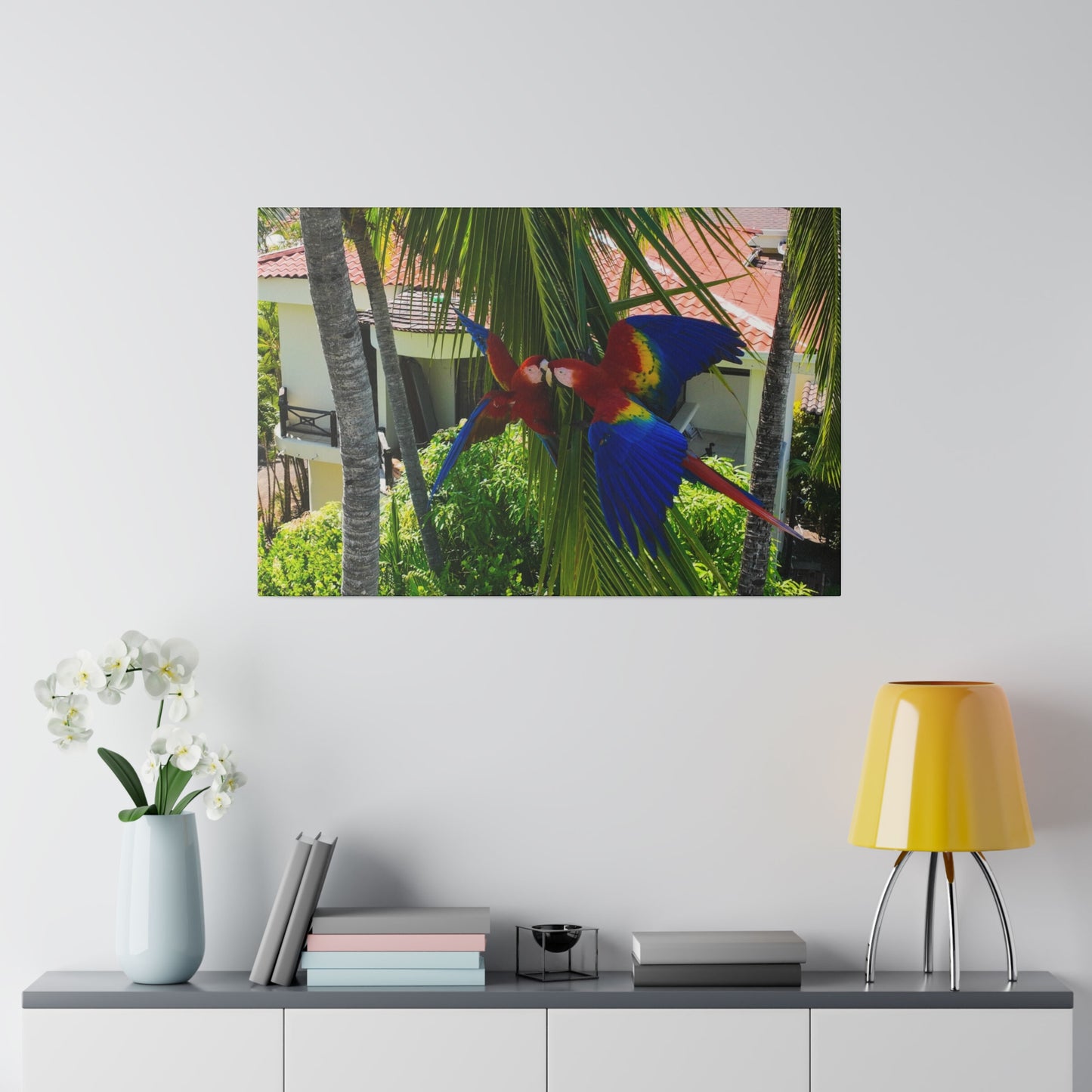 "Tropical Flights: Journey with the Majestic Lapas and Macaws"- Canvas