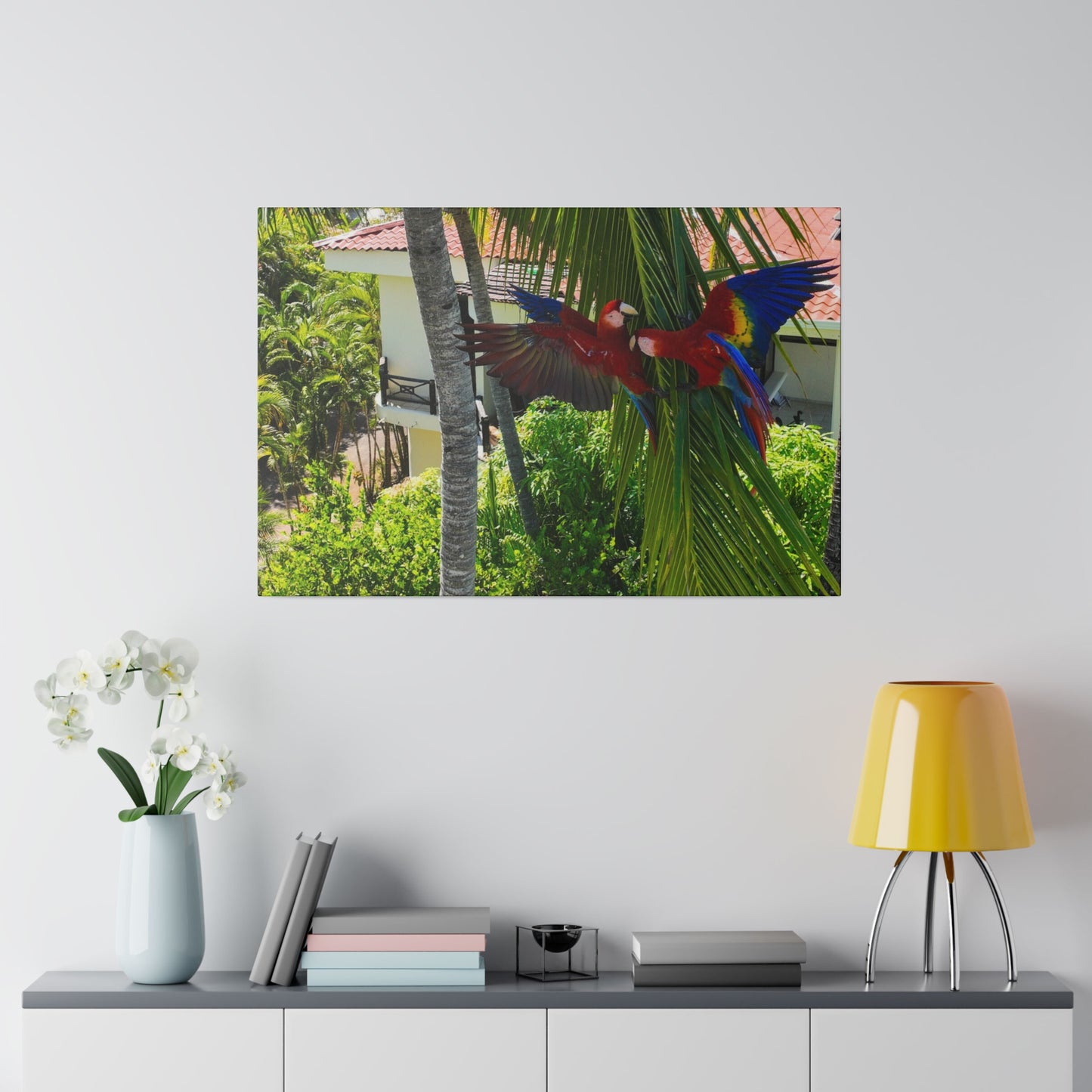 "Paradise Ascending: Marvellous Lapas Macaws in Tropical Flight"- Canvas