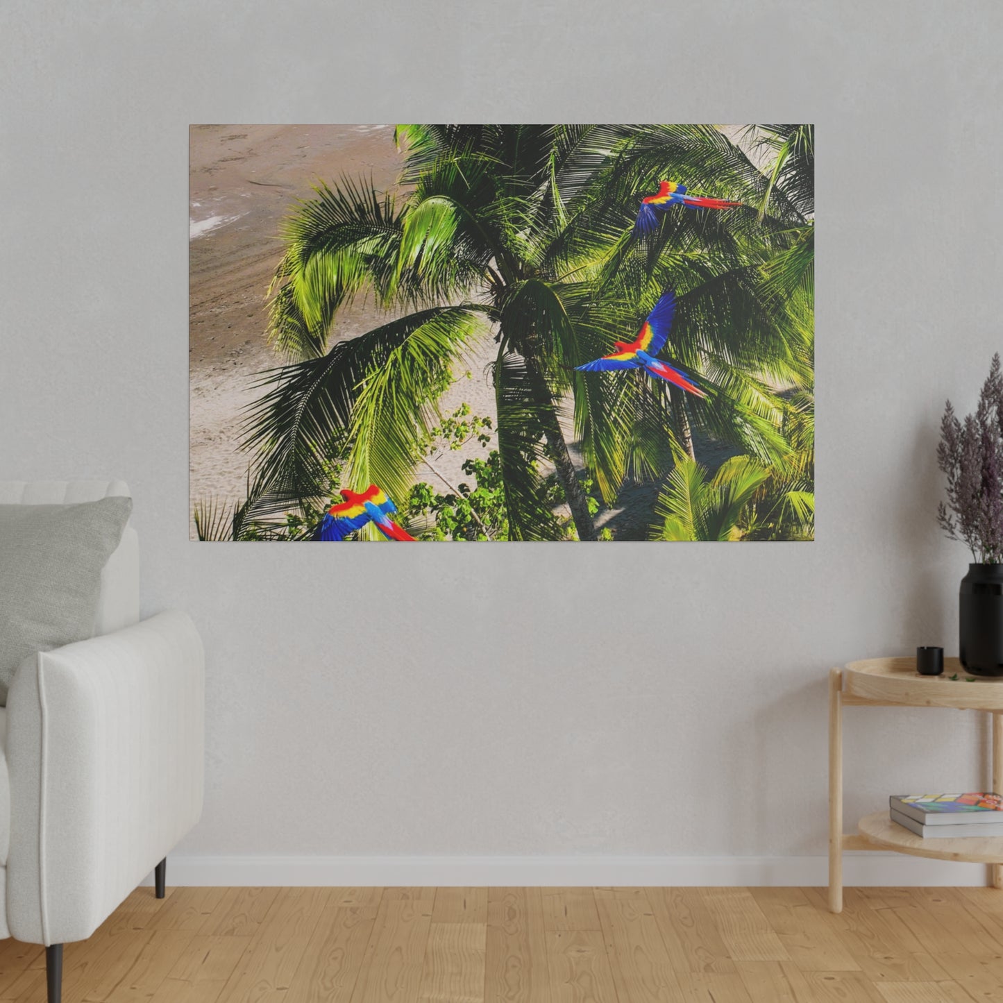 "Sweeping Wings: A Tropical Dance of Lapas and Macaws"- Canvas