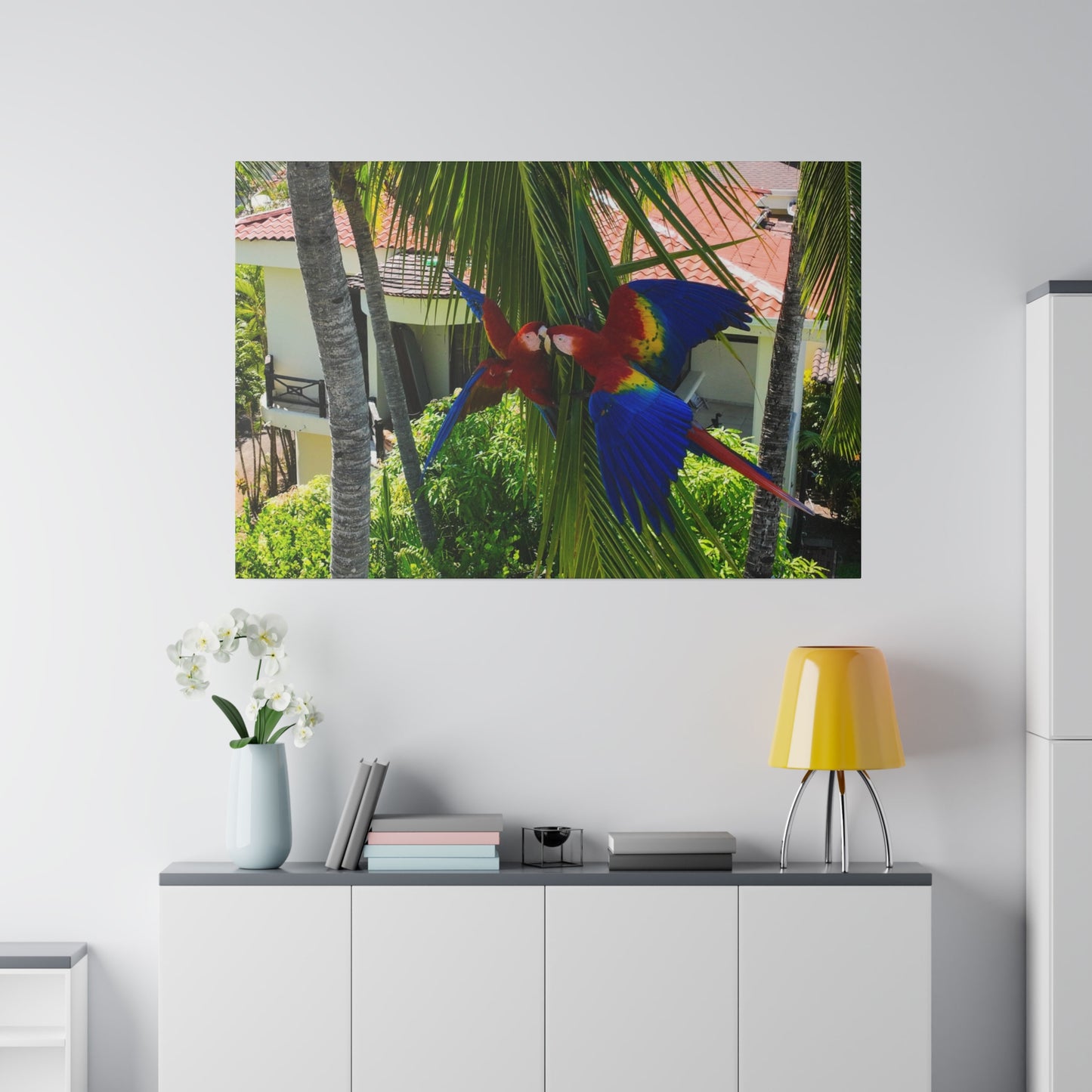 "Tropical Flights: Journey with the Majestic Lapas and Macaws"- Canvas